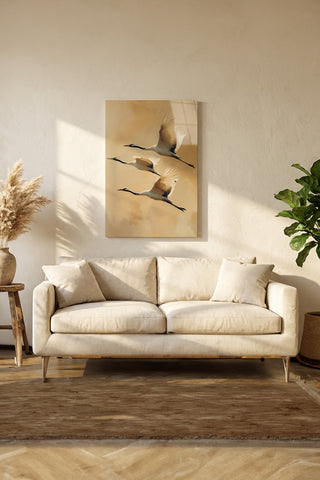 "Zen Esintisi" Minimalist Uçan Turna Kuşları Cam Tablo